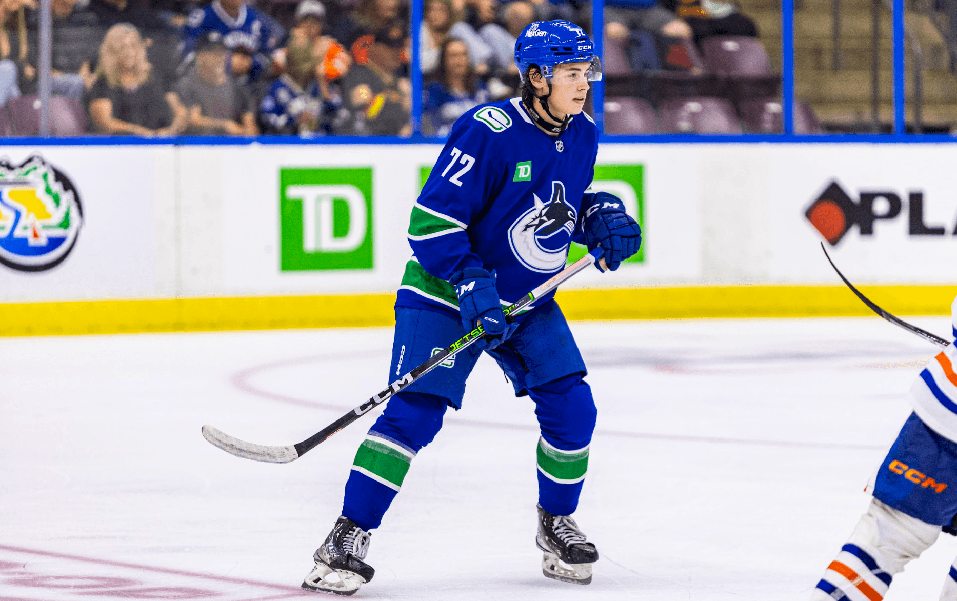 Vancouver Canucks prospect Anthony Romani skates during his team's 2-0 victory over the Edmonton Oilers at the 2024 Young Stars Classic in Penticton, BC.