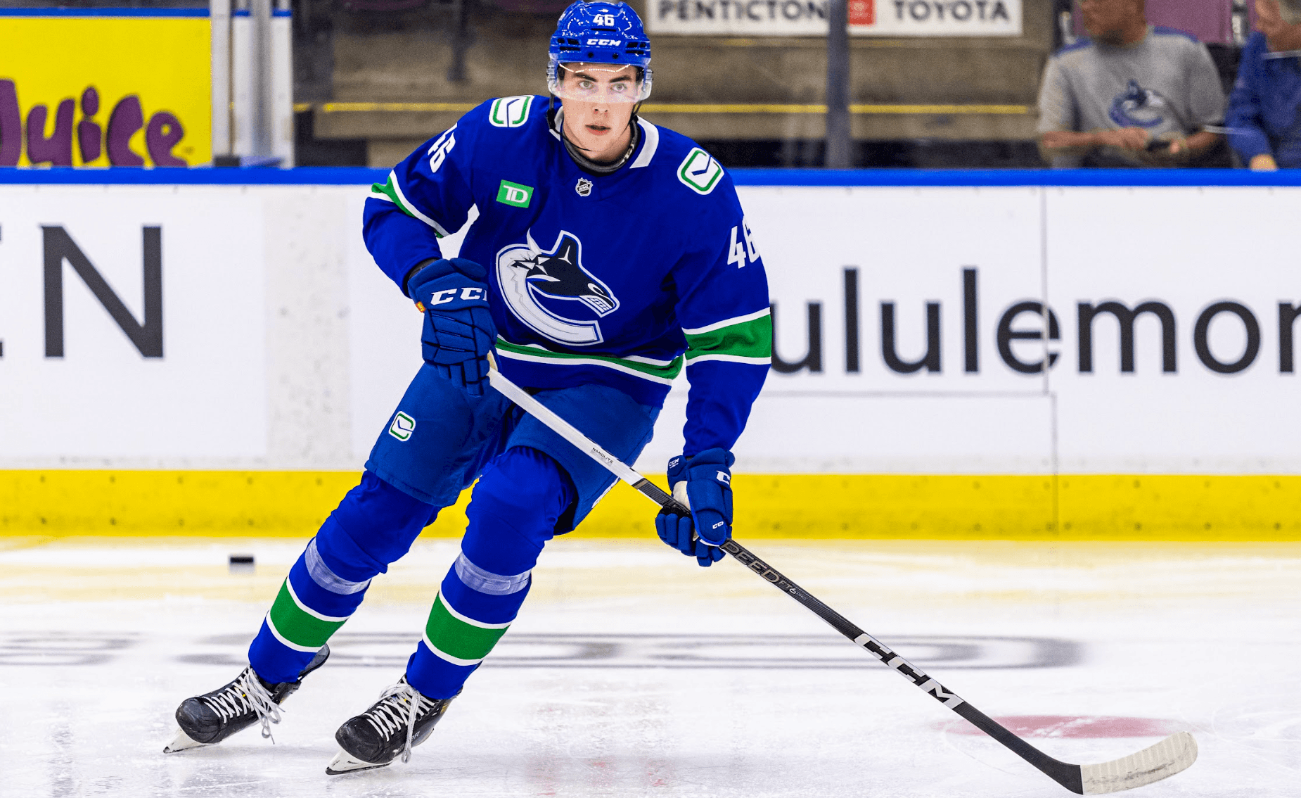 Forward Vilmer Alriksson takes warmup during the Vancouver Canucks' game against the Edmonton Oilers at the 2024 Young Stars Classic in Penticton, BC