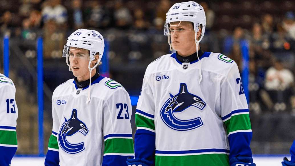 Jonathan Lekkerimäki and Elias Pettersson during the Vancouver Canucks' 4-2 win over the Winnipeg Jets at the 2024 Young Stars Classic from Penticton, BC.