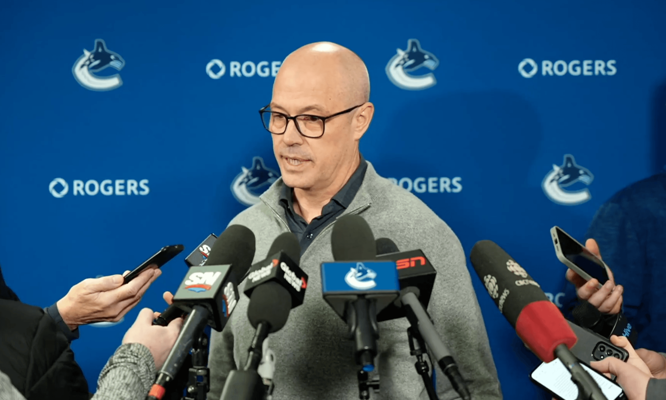 Vancouver Canucks general manager Patrik Allvin meets with the media at Rogers Arena.