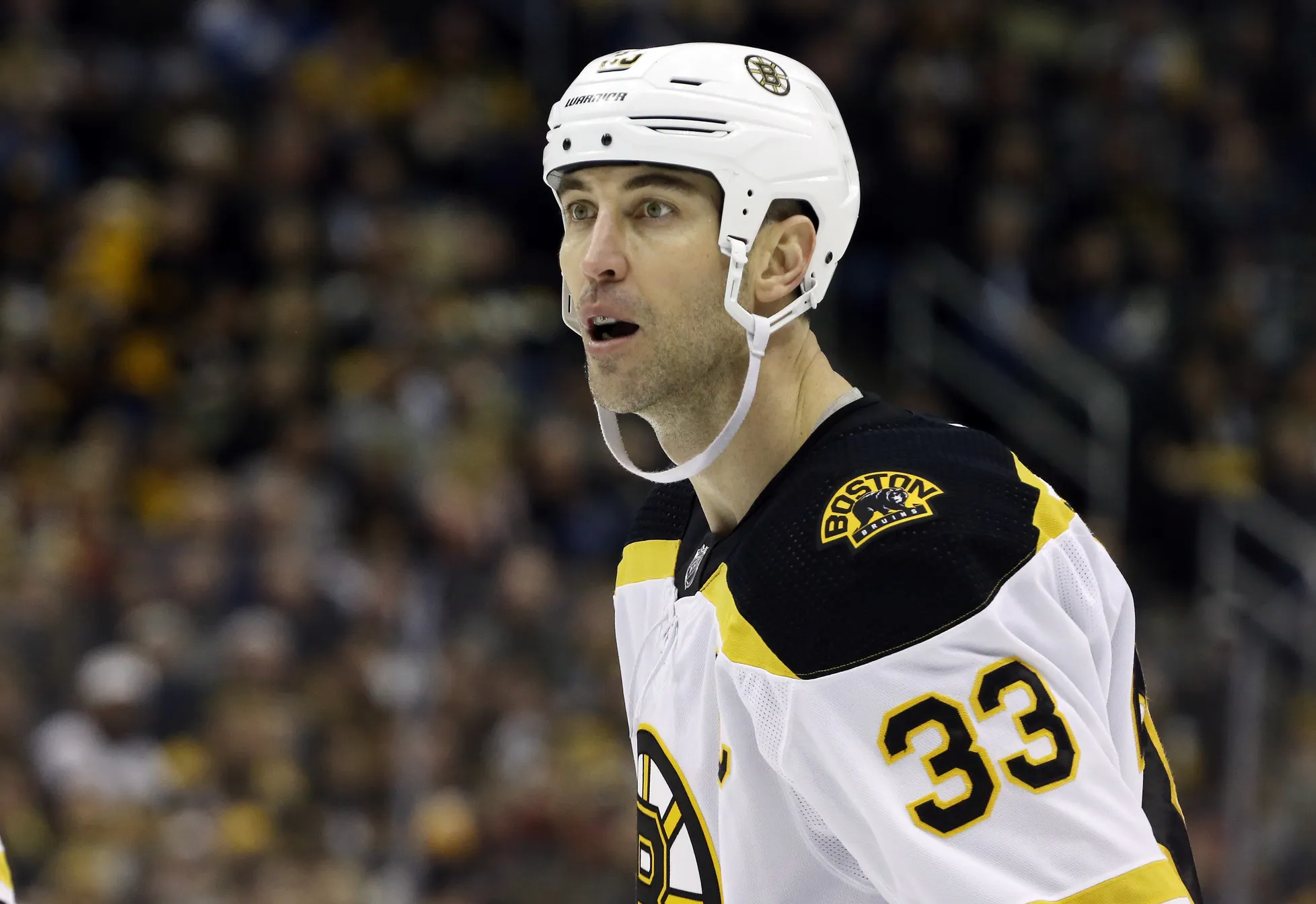 Boston Bruins defender and captain Zdeno Chara of Slovakia gets in some  warm-up time before the start against the Calgary Flames on October 19,  2006 at the TD Banknorth Garden in Boston. (