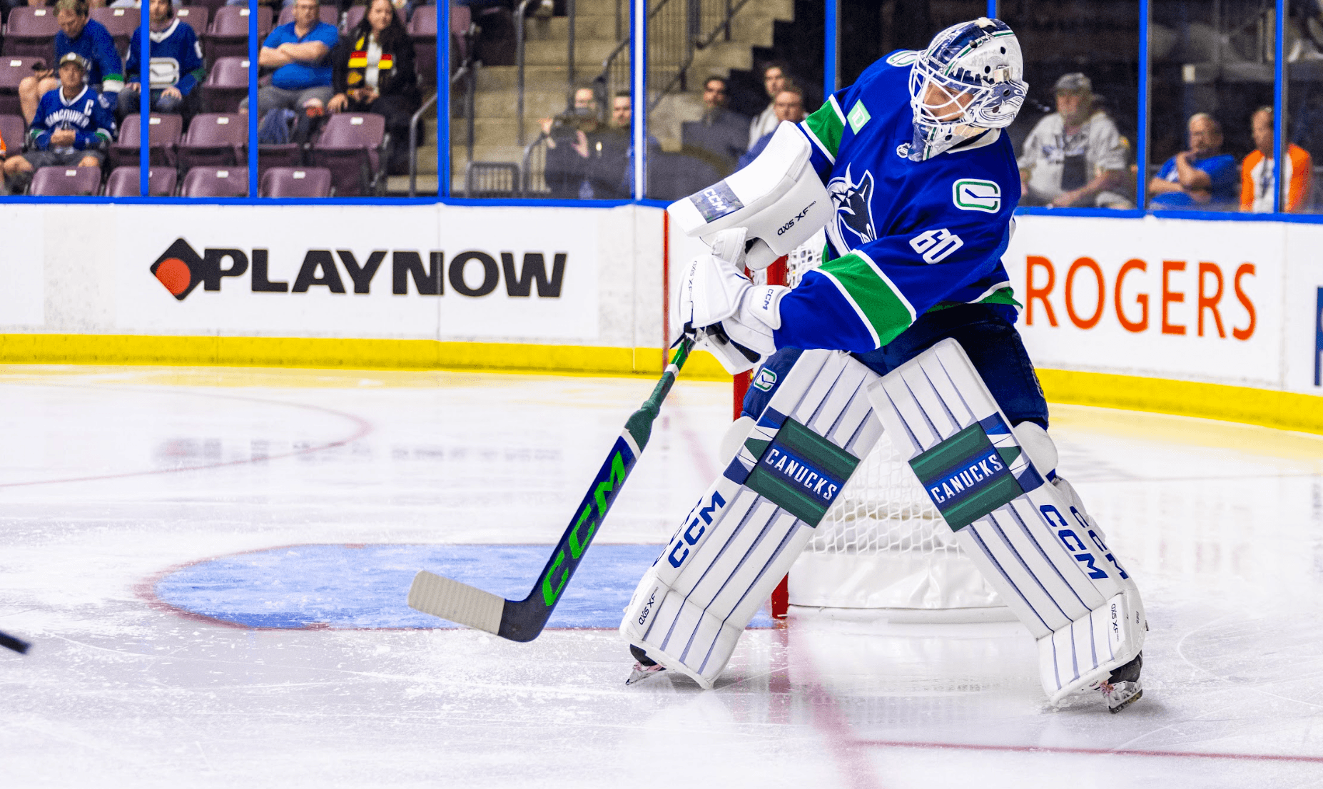 Goaltender Nikita Tolopilo makes a play on the puck during the Vancouver Canucks' 2-0 victory over the Edmonton Oilers at the 2024 Young Stars Classic from Penticton, BC