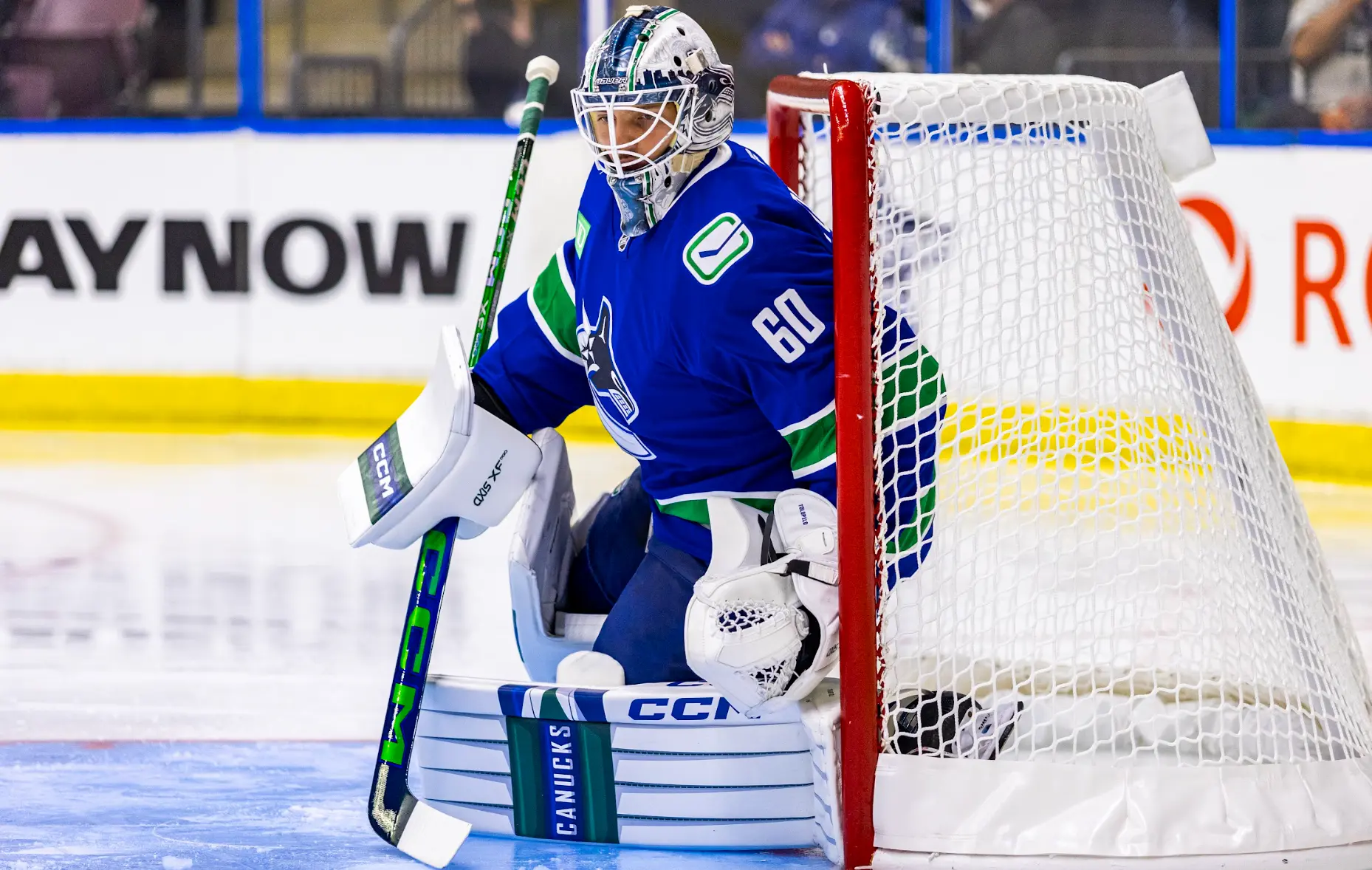 Goaltender Nikita Tolopilo in the reverse VH during the Vancouver Canucks' 2-0 victory over the Edmonton Oilers at the 2024 Young Stars Classic from Penticton, BC