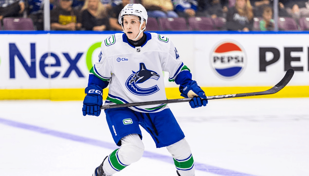 Sawyer Mynio during the Vancouver Canucks' 4-2 win over the Winnipeg Jets at the 2024 Young Stars Classic from Penticton, BC.