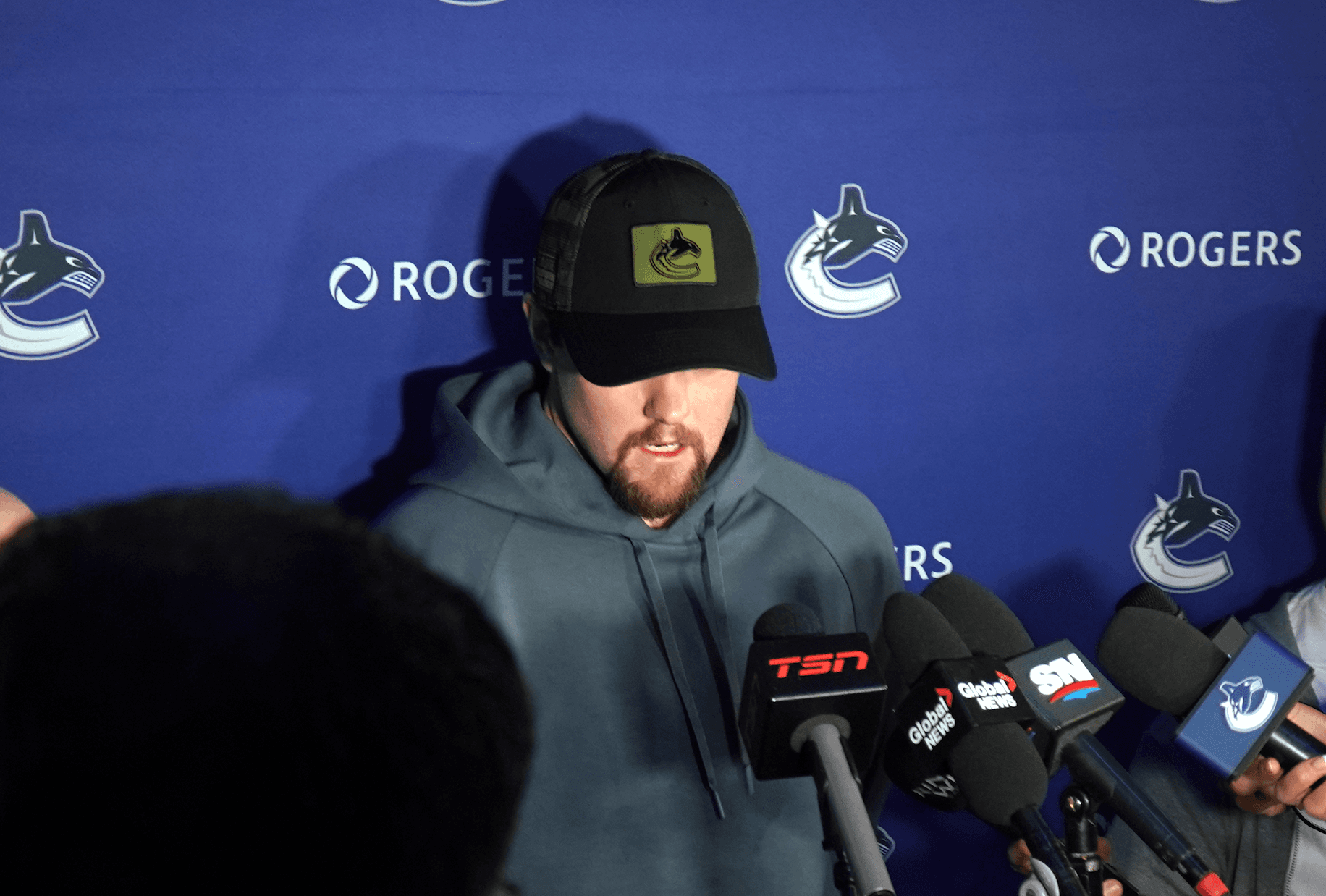 Vancouver Canucks goaltender Thatcher Demko meets with the media at training camp in Penticton