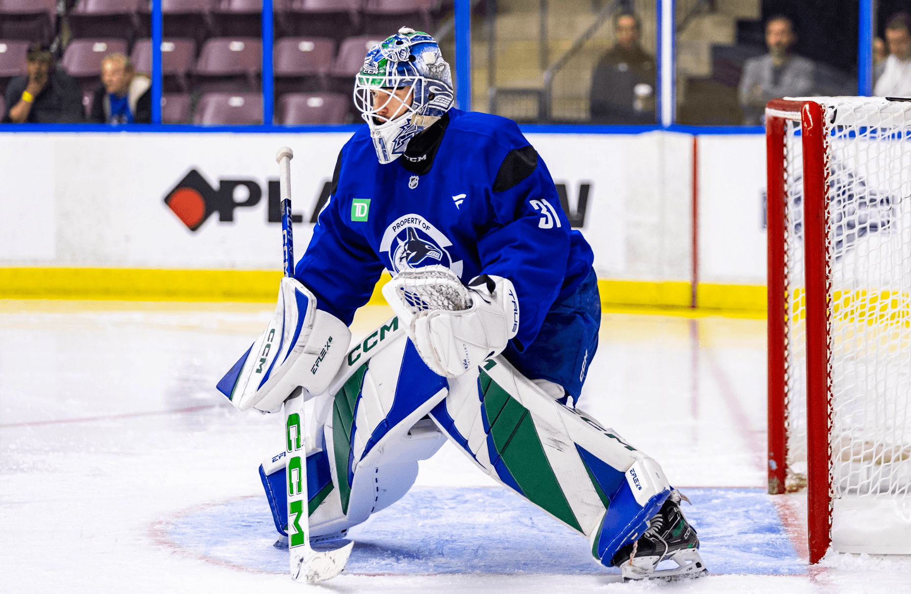 Goaltender Arturs Silovs warms up at Vancouver Canucks training camp from Penticton, BC. Sep. 19, 2024