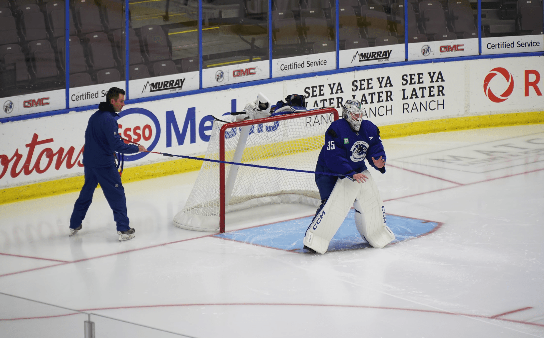 Thatcher Demko works out ahead of day one of Vancouver Canucks training camp in Penticton, BC. Sep. 19, 2024