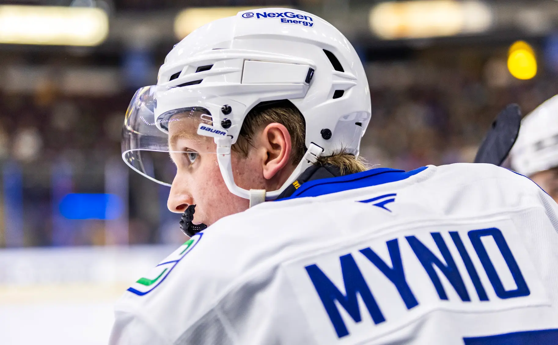 Sawyer Mynio during the Vancouver Canucks' 4-2 win over the Winnipeg Jets at the 2024 Young Stars Classic from Penticton, BC.