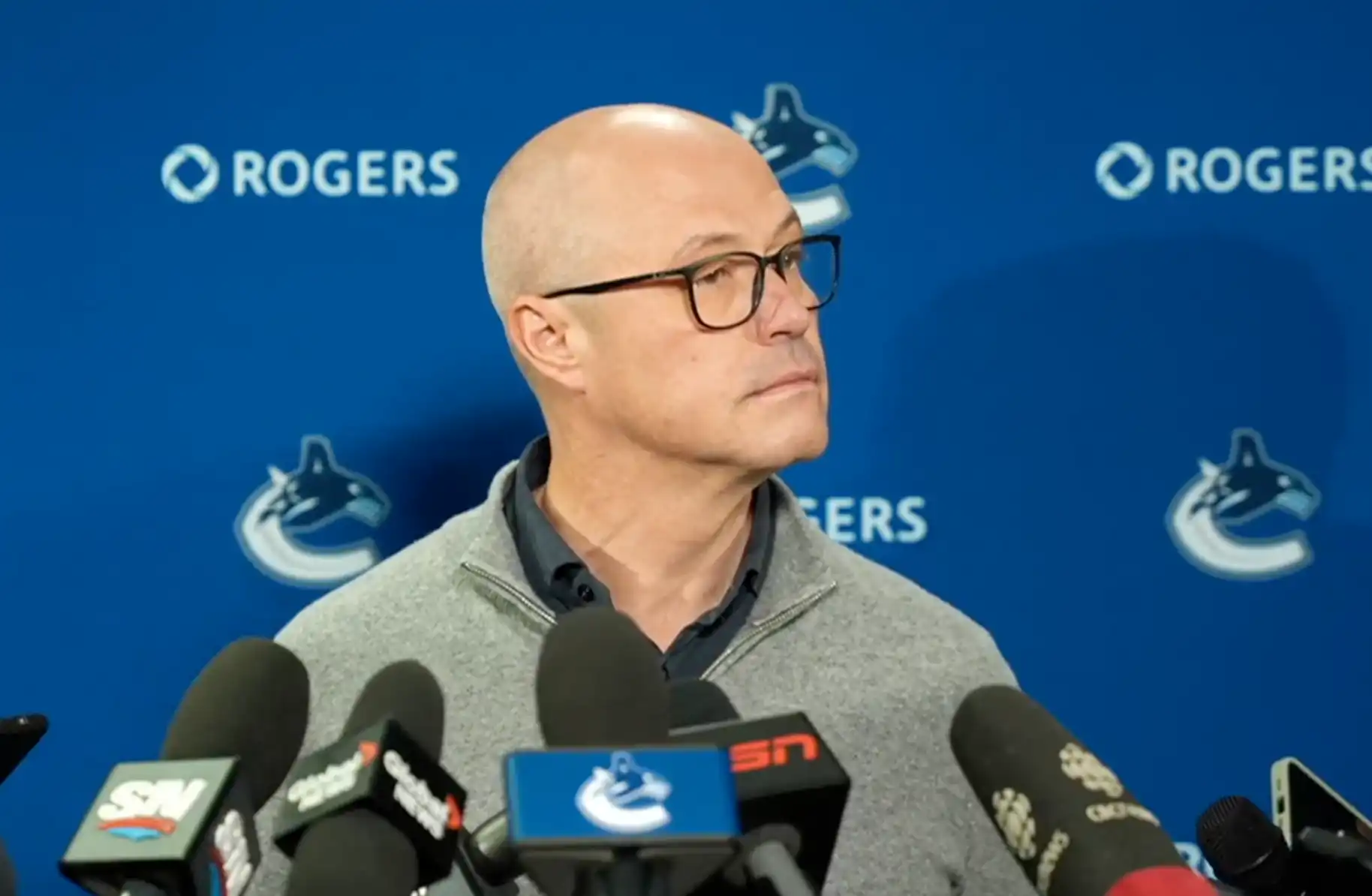 Vancouver Canucks general manager Patrik Allvin meets with the media at Rogers Arena.