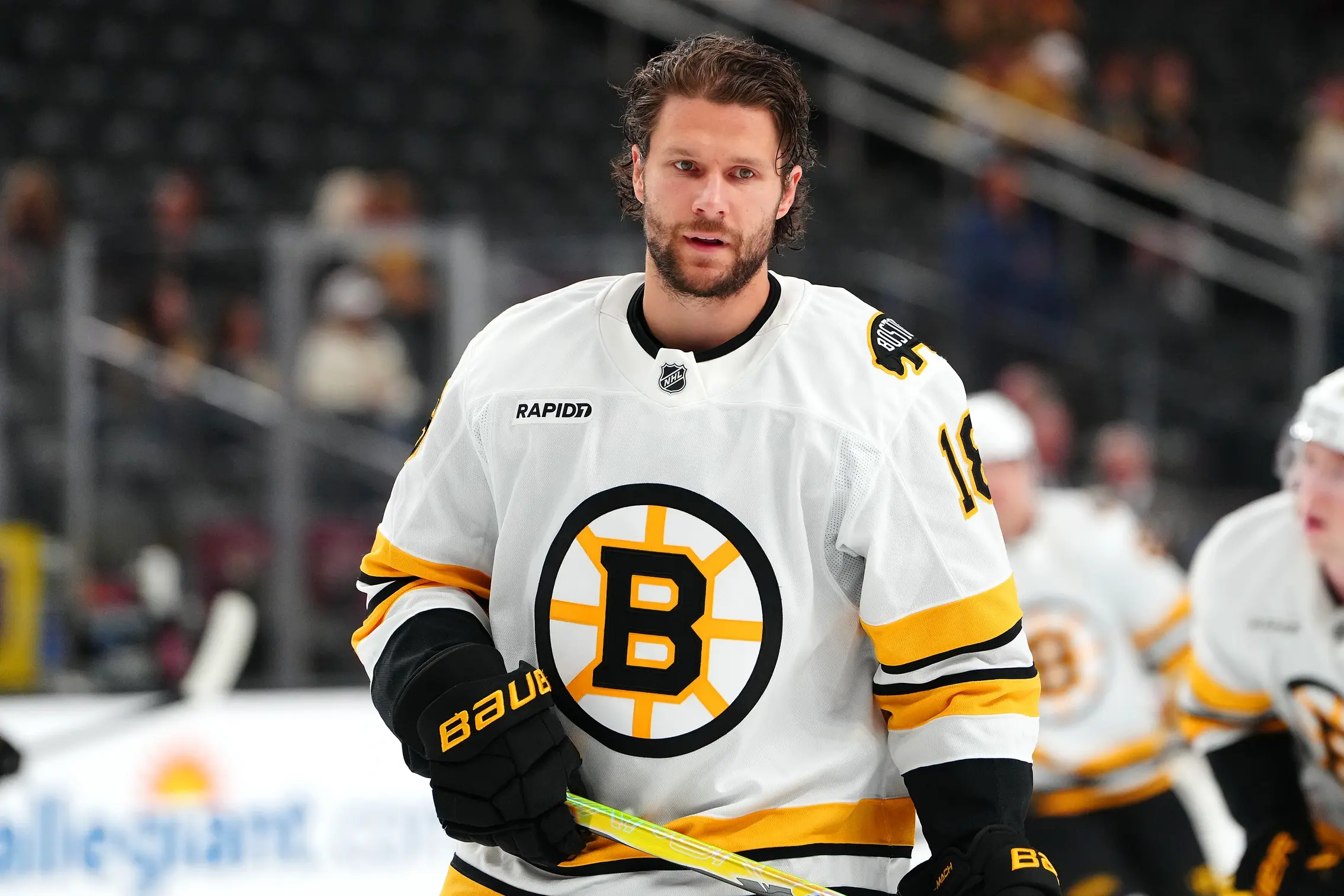 Boston Bruins center Pavel Zacha (18) warms up before a game against the Vegas Golden Knights at T-Mobile Arena.